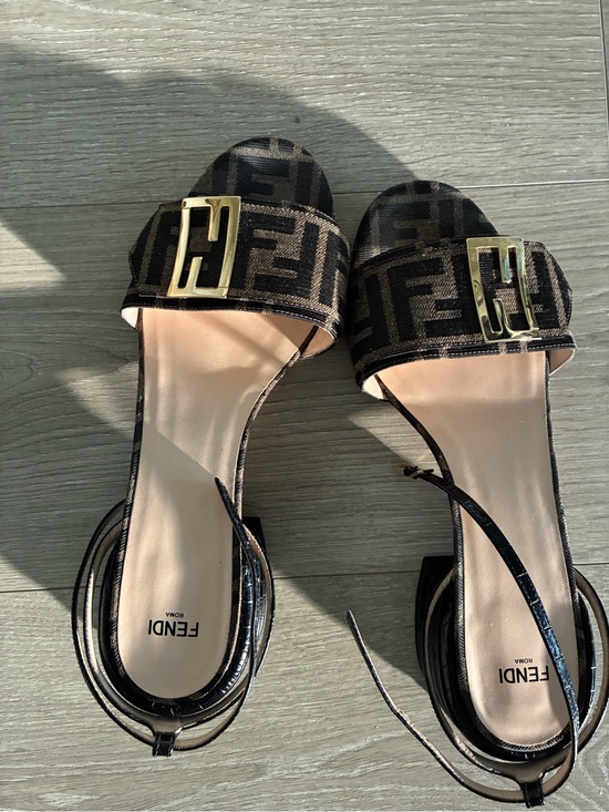 Fendi Shoes - Fendi Black & Brown FF Logo Ankle-Strap Heels with Gold Buckles